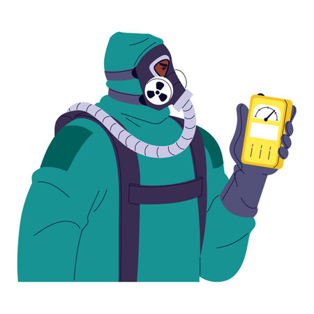 Worker in safety suit holds geiger counter in hand, measures level of radiation pollution with equipment. Person takes precautions to radioactive danger. Flat isolated vector illustration on whiteのイラスト素材