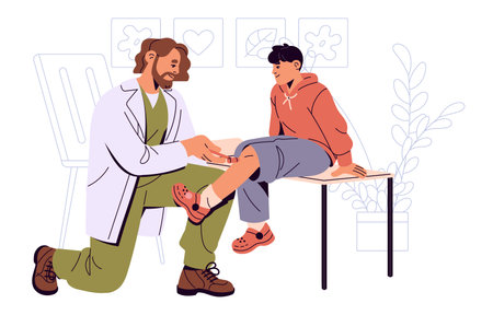 Pediatric doctor testing reflexes of boy with neurological hammer. Pediatrician neurologist examines kid. Medic cares about children health. Flat isolated vector illustration on white backgroundのイラスト素材