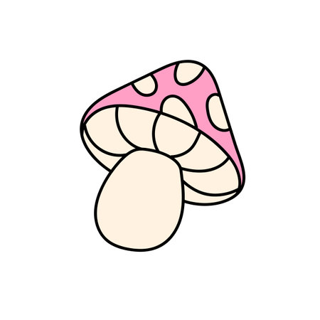 Funky abstract fly agaric. Groovy amanita with trippy aesthetics of 80s, 90s. Psychedelic mushroom with spotted hat on retro style sticker. Flat isolated vector illustration on white backgroundのイラスト素材