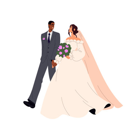 Newlywed family holds hands, goes. Cute interracial couple wedding. Marriage ceremony. Bride in bridal dress with veil carries bouquet. Bridegroom in suit. Flat isolated vector illustration on whiteのイラスト素材
