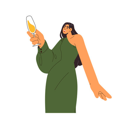 Girl in elegant dress holds champagne in hand. Young woman raises glass on party. Happy person celebrates holiday, cheers with alcohol drink. Flat isolated vector illustration on white backgroundのイラスト素材