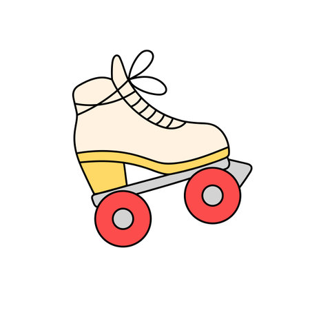 Funky rollerskates in retro style. Groovy sticker of rollerblades. Roller skating, rink badge with aesthetics of 80s. Vintage boot on wheels. Flat isolated vector illustration on white backgroundのイラスト素材
