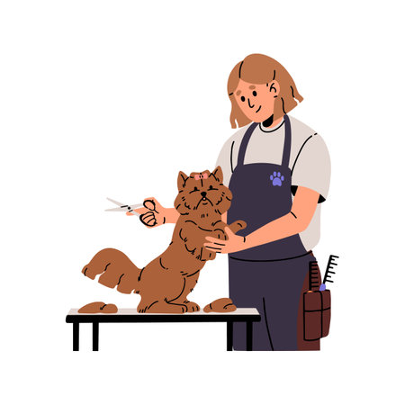 Pet grooming service salon. Professional groomer cuts fur of fluffy dog with scissors. Girl cares about cute puppy. Woman does haircut to pup on table. Flat isolated vector illustration on whiteのイラスト素材
