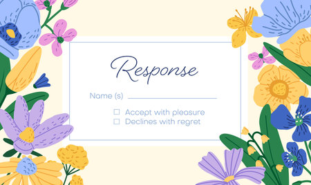 Template of response to invitation. Horizontal answer card to wedding RSVP with floral decoration. Drawn wildflowers, meadow flowers on botanical frame with place for text. Flat vector illustrationのイラスト素材