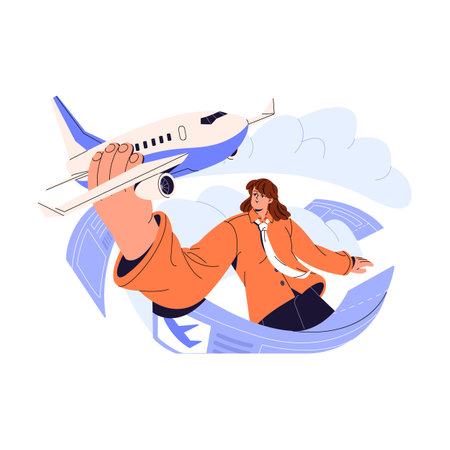 Airplane journey, tour concept. Pilot drives, controls plane, flies in the sky. People travel by aircraft. Passengers in flight on air transport. Flat isolated vector illustration on white backgroundのイラスト素材