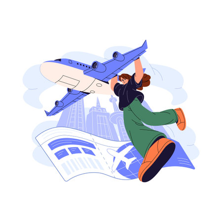 Airplane journey concept. People travel by plane. Traveller with ticket, boarding pass in international flight. Passenger flies on aircraft. Flat isolated vector illustration on white backgroundのイラスト素材
