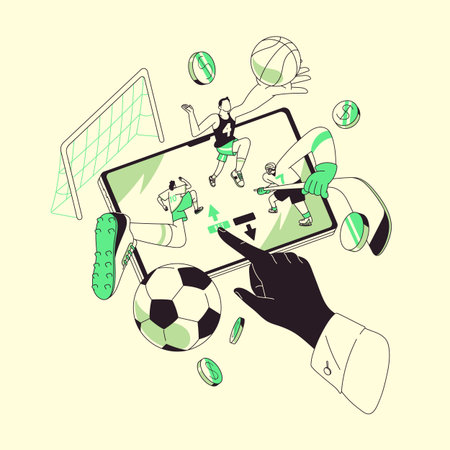 People bet on sports online, play games of chance. Hands push button in gambling app. Person wagering on football, hockey, soccer, volleyball match. Bookmaker concept flat isolated vector illustrationのイラスト素材