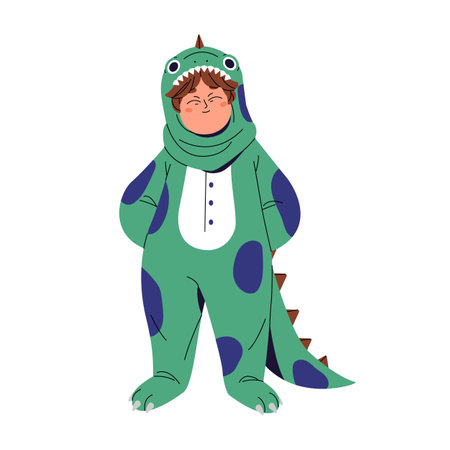 Kid in amusing costume of dino in Halloween masquerade. Funny child dressed in adorable dinosaur with hood, tail. Boy in cute monster suit smiles. Flat isolated vector illustration on white backgroundのイラスト素材