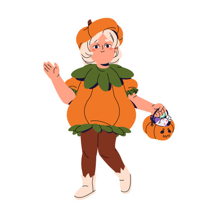 Little girl in Halloween pumpkin costume greeting, welcome to masquerade. Funny kid in pumpkinhead suit holds bucket with candies. Cute child in carnival. Flat isolated vector illustration on whiteのイラスト素材
