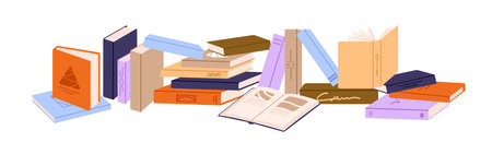 Open and closed paper books. Horizontal row of different textbooks. Novels, fictions with decorated covers. Literature for reading, learning. Flat isolated vector illustration on white backgroundのイラスト素材