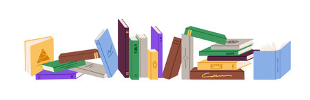 Horizontal row of paper books. Bookshelf of different literature, novels, diaries, for reading, studying. Stacks of textbooks with colored cover. Flat isolated vector illustration on white backgroundのイラスト素材