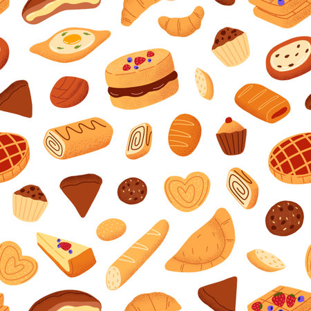 Repeatable pattern of bakery products. Endless backdrop with fresh pastry: bread, croissants, cupcakes, biscuit, buns. Background with baked desserts, flour food. Flat seamless vector illustrationのイラスト素材