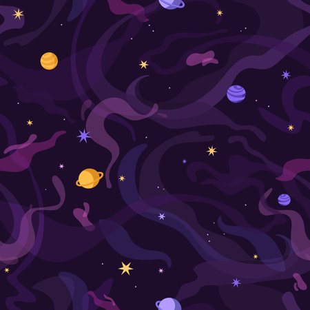 Endless backdrop with dark open space. Repeatable pattern of planets, stars in cosmos. Galaxy, universe, solar system, night sky on background. Astrology, astronomy. Flat seamless vector illustrationのイラスト素材