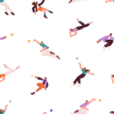 Men and women flying in space endless background. Repeatable pattern of soaring people in cosmos. Characters fly, fall around planets, stars. Freedom concept. Flat seamless vector illustrationのイラスト素材