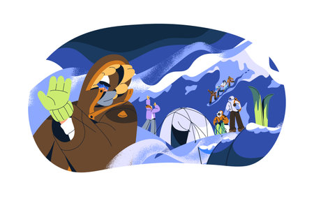 People camping to rest in winter hiking. Tourists pitch tent from snowstorm. Alpinists trekking, climbing on snow mountains during blizzard. Flat isolated vector illustration on white backgroundのイラスト素材