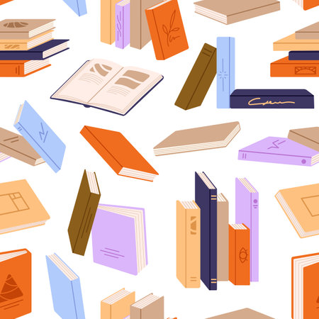 Piles of different literature. Repeatable pattern of closed and open paper books. Endless backdrop with various novels, textbooks. Background with heaps for read. Flat seamless vector illustrationのイラスト素材