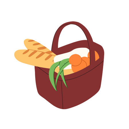 Picnic hamper is full of food. Products box, bag with handle for eating outdoor, meal at nature. Grocery basket with baguette, eggs, greenery. Flat isolated vector illustration on white background.のイラスト素材