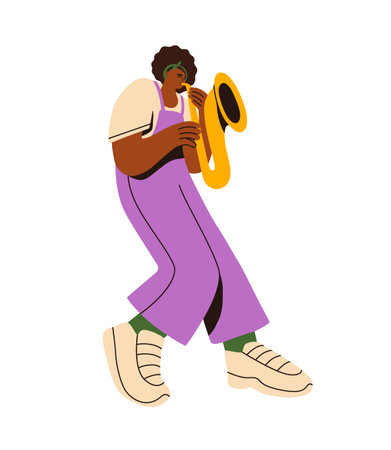 Saxophonist plays music on wind instrument, performs in jazz concert. Musician hold gold saxophone in hand. Talented girl blows in trumpet, sax. Flat isolated vector illustration on white backgroundのイラスト素材