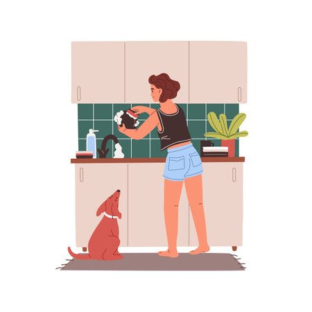 Young woman dishwashing back view. Girl wash dishes in sink with foam at kitchen with dog. Person cleaning plate at home. Daily housework, chores. Flat isolated vector illustration on white backgroundのイラスト素材