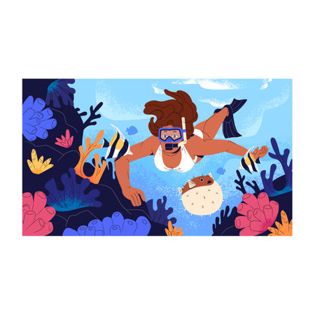 Freediving, scuba. Girl in bikini diving to colourful coral reef with fins. Swimmer watching ocean wildlife, tropical fishes. Diver swimming underwater with mask and snorkel. Flat vector illustrationのイラスト素材