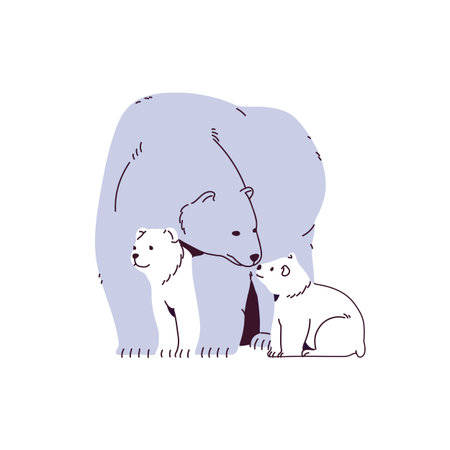 Polar bears family. Big arctic animal with its cute babies, furry cubs. Northern fauna of snows, ices of Canada. Adorable Tundra inhabitants. Flat isolated vector illustration on white backgroundのイラスト素材