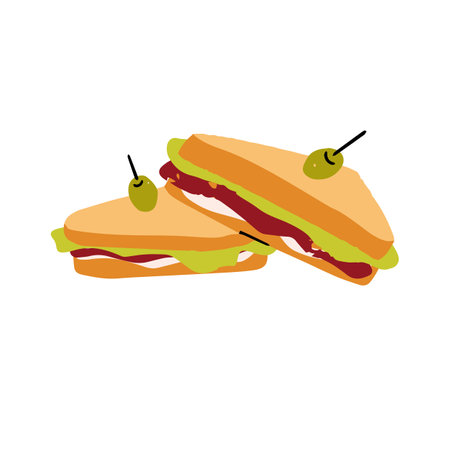 BLT sandwiches with olives on skewers. Triangle toasts, slices of bread filled with bacon, lettuce, tomato. Tasty snacks, hoagies. Breakfast eating, food. Flat isolated vector illustration on whiteのイラスト素材