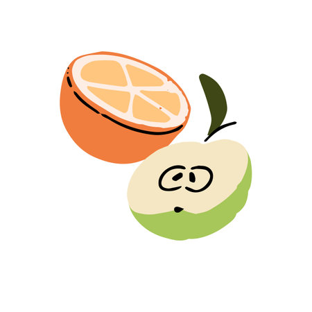 Tasty ripe fruit. Fresh halves of orange and apple. Healthy food from garden. Organic eating, juicy snack. Natural dessert, source of vitamins. Flat isolated vector illustration on white backgroundのイラスト素材
