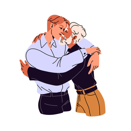 Gay couple kisses in sensual cuddle. Old and young men love each other. Romantic partners with age difference. Lovers are in LGBT relationship. Flat isolated vector illustration on white backgroundのイラスト素材