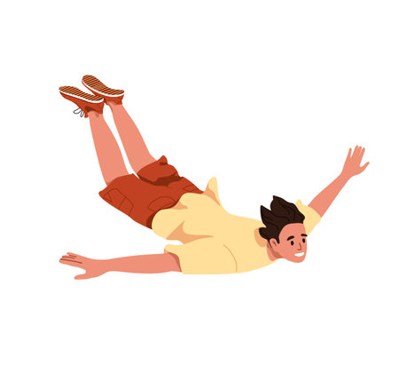 Happy man falling down in free flight. Person extreme jumping, flying in air. Jumper flies, land diving. Freedom, aspiration, enthusiasm concept. Flat isolated vector illustration on white backgroundのイラスト素材
