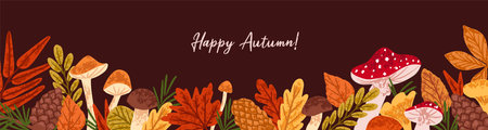 Autumn season banner with frame of different twig of forest trees, mushrooms, golden foliage. Background with border of dry leaves, fir cones, boletus. Fall nature decoration. Flat vector illustrationのイラスト素材