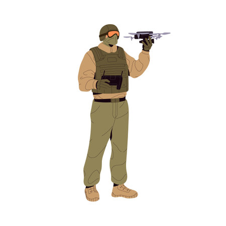 Military operator of aerial drone with computer. Scout soldier in helmet controls UAV. Army unmanned vehicle. Modern technology in armed force. Flat isolated vector illustration on white backgroundのイラスト素材