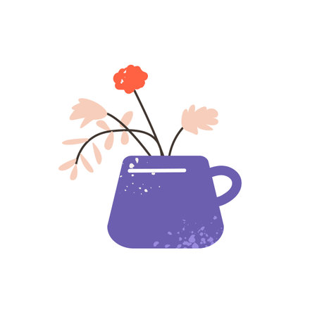 Bouquet of dry wildflower in ceramic vase. Faded meadow flower branches in pot. Home decoration with gentle field plants. Floral interior decor. Flat isolated vector illustration on white backgroundのイラスト素材