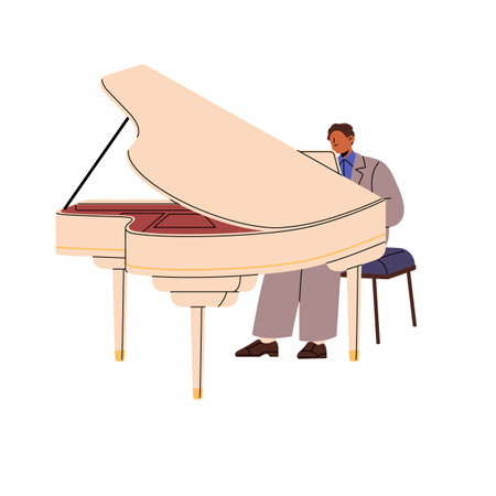 Concert grand piano player performs. Pianist plays symphony in classical music performance. Professional musician is on philharmonic stage. Flat isolated vector illustration on white backgroundのイラスト素材