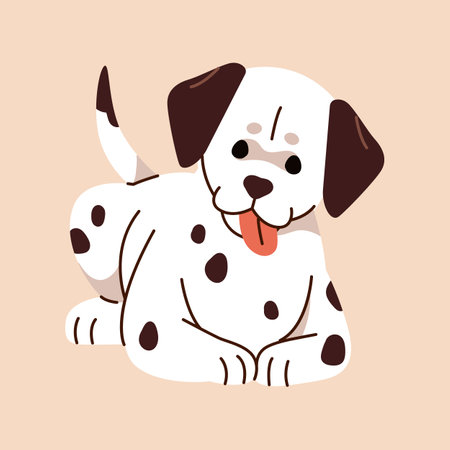 Cute little dalmatian lying and shows tongue. Happy spotted doggy relax. Amusing puppy with black spots on white coat. Small pup of firehouse dog, friendly pet rests. Flat isolated vector illustrationのイラスト素材