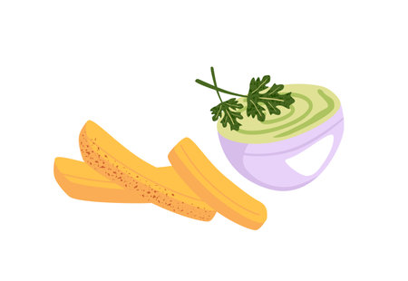 Cheese sticks with mozzarella and jar of spicy green sauce. Crispy snack with bowl of pesto, guacamole and greenery. Delicious street food. Flat isolated vector illustration on white backgroundのイラスト素材