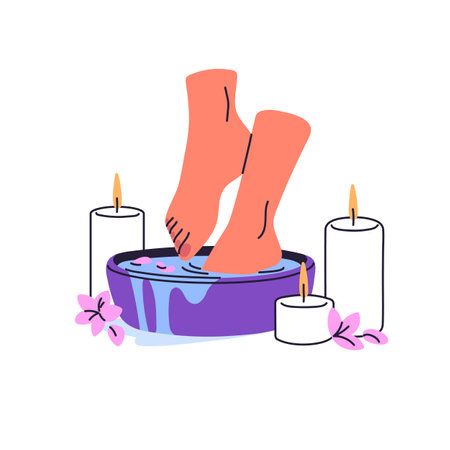 Female legs in foot bath with candles. Girl holds her feet in basin of water, cares about wellness. Woman steams skin, toe nails before pedicure in spa. Flat isolated vector illustration on whiteのイラスト素材