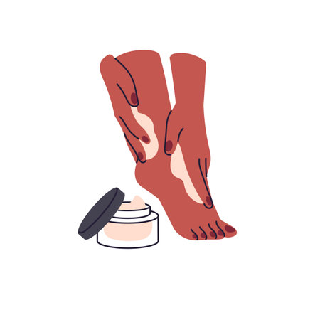 Woman applying moisturizing or nourishing cream on legs. Girl cares about her feet skin and peeling with body scrub. Massage with skincare cosmetics in spa. Flat isolated vector illustration on whiteのイラスト素材