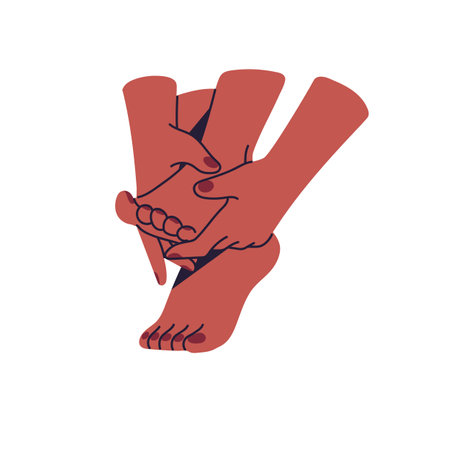 Woman does foot massage. Girl kneads her soles with hands. Person relaxes, cares about her body, legs. Reflexology, beauty procedure in spa salon. Flat isolated vector illustration on white backgroundのイラスト素材