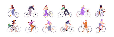 People are on bicycles set. Riders cycling on different bikes- sports, for ladies with basket. Happy bicyclists walk. Various cyclists drive. Flat isolated vector illustrations on white backgroundのイラスト素材
