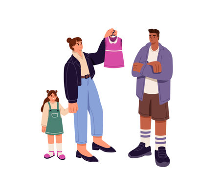 Family shopping in clothes store together. Mother and father choose, buy outfit for their kid. Parent holds dress in hand to daughter try it. Flat isolated vector illustration on white backgroundのイラスト素材