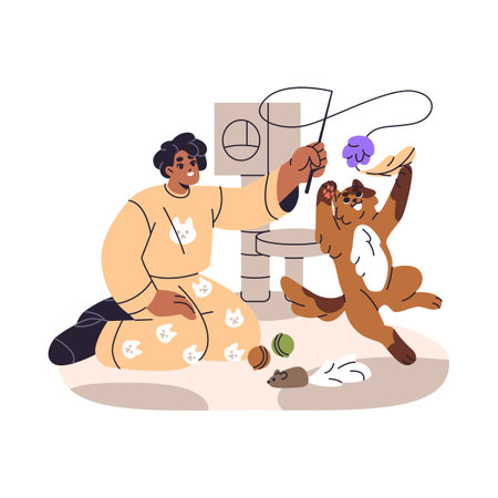 Cute kid plays with feather teaser stick with cat indoors. Happy girl in pajamas has fun with her playful kitten. Amusing kitty jumps to toy. Flat isolated vector illustration on white backgroundのイラスト素材