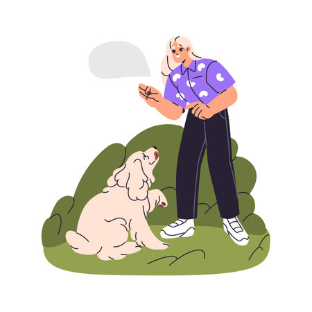 Owner teaching her happy dog a command in park. Girl training funny pet with treats in hand outdoors. Fluffy puppy, smart doggy giving a paw. Flat isolated vector illustration on white backgroundのイラスト素材