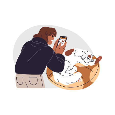 Happy owner takes photo of her spreading and sleeping on bed cat. Person with smartphone does photography of adorable asleep kitten. Cute furry pet napping. Flat isolated vector illustration on whiteのイラスト素材