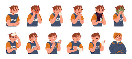 Sick child set. Suffering boy from pain, ache with flu symptoms: cough, sneeze, runny nose, fever. Kid is ill: allergy, asthma, chickenpox virus. Flat isolated vector illustrations on white backgroundのイラスト素材