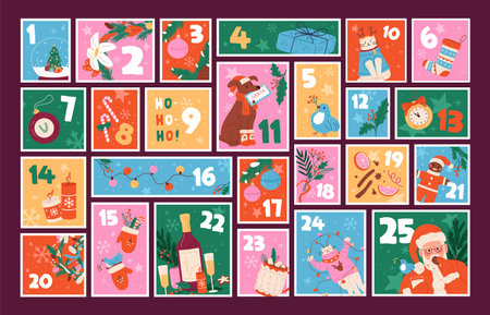 Template of Christmas advent calendar. Design of Xmas celebration countdown pattern with numbers. Cards with Santa Claus, snowflakes, candy, gifts winter holiday decoration. Flat vector illustrationのイラスト素材