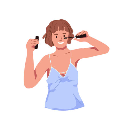 Happy girl in nightie applies mascara on eyelashes with brush. Young woman does visage, make up. Beauty routine with cosmetics, daily makeup. Flat isolated vector illustration on white backgroundのイラスト素材