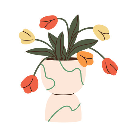Tulips bouquet with leaves in pottery vase. Cut flowers in modern floral pot. Home interior decoration in minimal style with plants, flora. Flat isolated vector illustration on white backgroundのイラスト素材