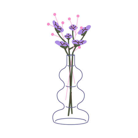Dry branches of sea lavender in glass vase. Bloom wildflower, blossom meadow plant, wild flower. Floral interior decoration in minimal style. Flat isolated vector illustration on white backgroundのイラスト素材