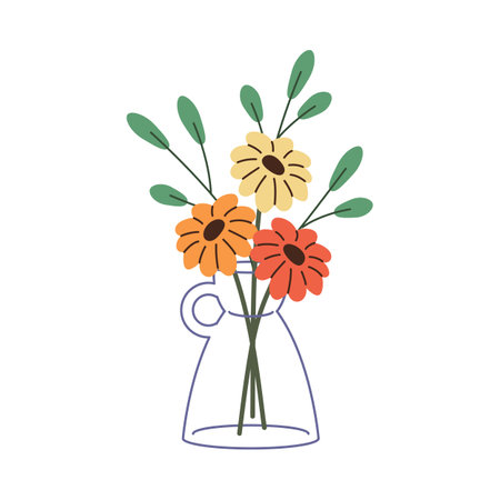 Gerbera with leaves branches in glass vase. Cut flowers in transparent jug. Blossom plant for interior decoration. Floral decor in modern minimal style. Flat isolated vector illustration on whiteのイラスト素材