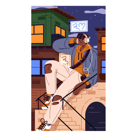 Calm giant teenager sits on stairs and listens to music with headphones at night. Happy enormous person relaxes on city street. Vertical poster about peaceful urban life. Flat vector illustrationのイラスト素材